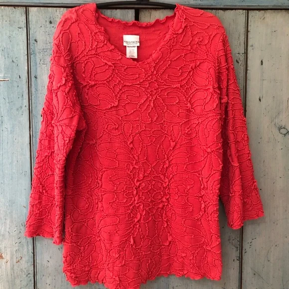 Haystacks fabulous tomato-red, 3/4 sleeve, unique fabric, top - Made in Michigan - Picture 10 of 11